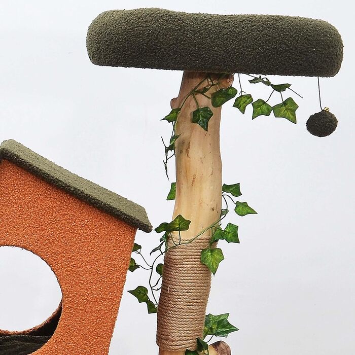 Котячий будиночок з когтеточкою Fudajo з рослинним декором, 154 см. Когтеточка з штучним хутром та деревом, будиночок для котів з іграшками, котячі меблі з платформами