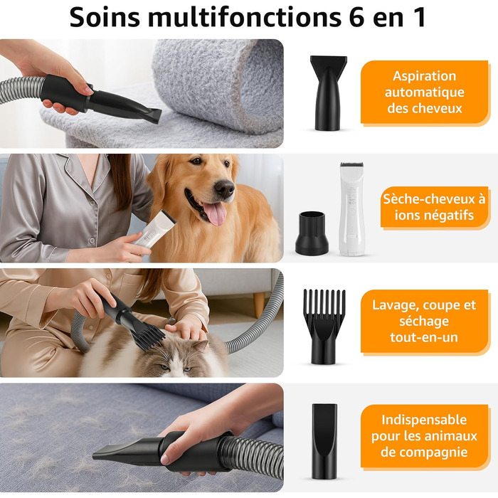 XKISS 2800W Професійний набір для догляду за тваринами 6 в 1: фен, машинка для стрижки шерсті, пилосос для шерсті