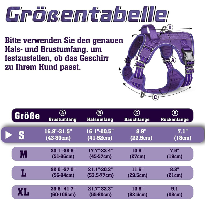 Нагрудник для собак Rabbitgoo середнього розміру, анти-тяга, регульований з ручкою, міцний, тактичний, з металевими пряжками для прогулянок (M, фіолетовий)