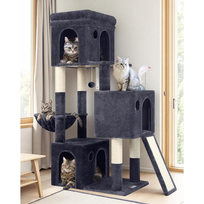 Дерево-кіготь Globlazer для котів на 2-4 котів з великою печерею, м'яким гніздечком, сходами з сизалю, іграшками, стабільним дизайном, висотою 133 см (XL, темно-сірий)