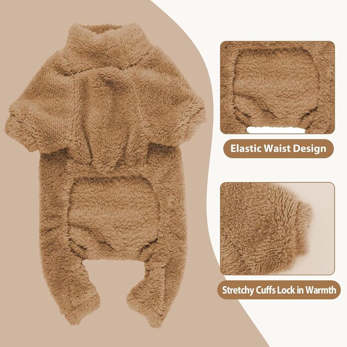 Піжама для собак, тепла, м'яка, зручна, кавового кольору, розмір S, для маленьких собак