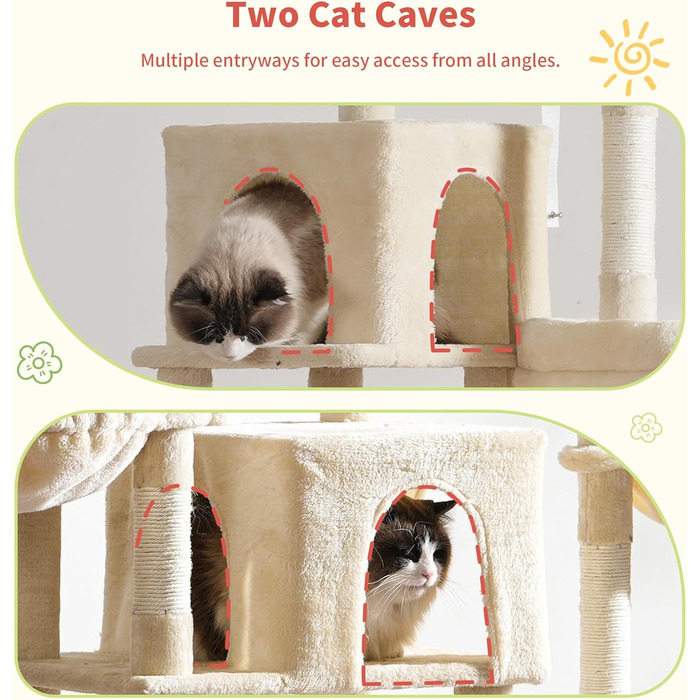 Котячий будиночок Hey-brother Kratzbaum з подовженою частиною, широкими платформами, затишними печерами, гамаками, сизалевими стовпчиками та м'ячиком для котів, 178 см, MPJ038W (Бежевий)