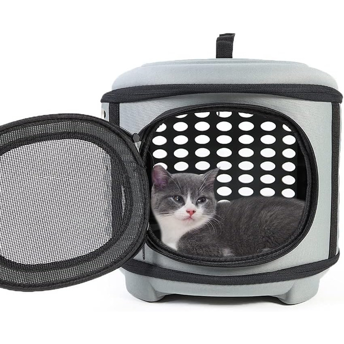 Складана переноска для котів та маленьких собак сірого кольору з м'якою підстилкою