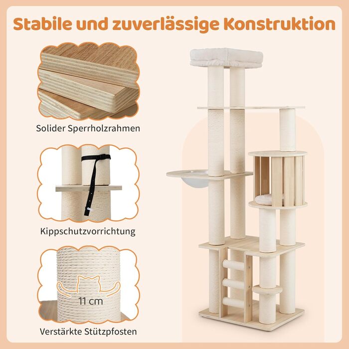 Дерев'яний кігтечка для котів COSTWAY 6-ярусний, 185 см: кігтеточка, будиночок, сходинки, платформа