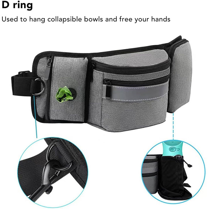 Сумка для корму для собак, поясна сумка, бананка для собак, бананка для тренувань, поліестер, кілька кишень, знімна кишеня для ласощів (сіра)