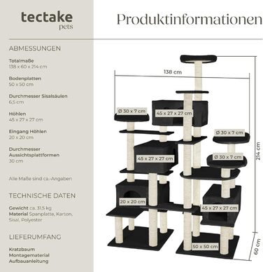 Велика когтеточка для котів tectake®, XXL котячий комплекс з 4 будиночками, ігрова вежа з сизалевими стовпами, аксесуари, настінне кріплення, чорна