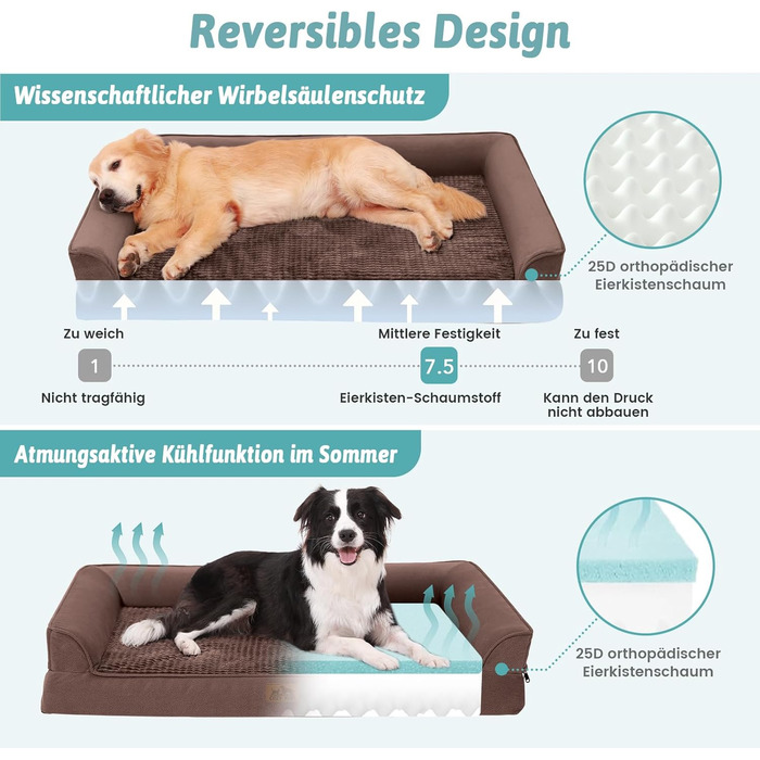 Ортопедичне ліжко для собак маленьких порід, водонепроникне диванчик для тварин з бортиками, з підтримуючою піною, зручне ліжко з знімним, пральним чохлом, водонепроникний наповнювач, антиковзаюче покриття (107 x 76 x 19 см, Колір: Коричневий)