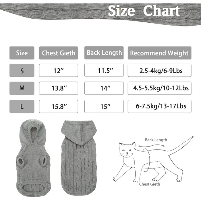 Пуловер теплий для собак та котів PUPTECK, сірий, розмір L (обхват грудей 40.1 см, довжина спини 40.1 см)