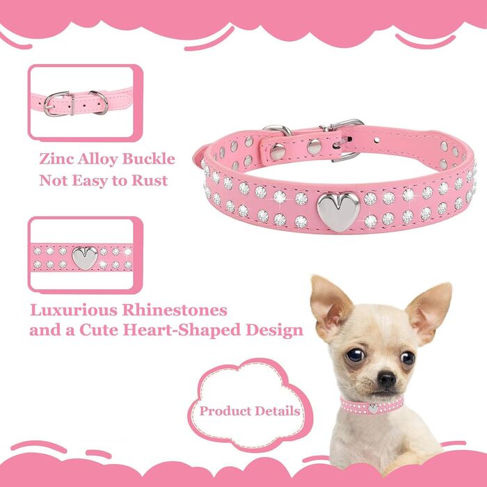 Нашийник для собак та котів Suiecuor, 4 шт., з блискітками, рожевий, S