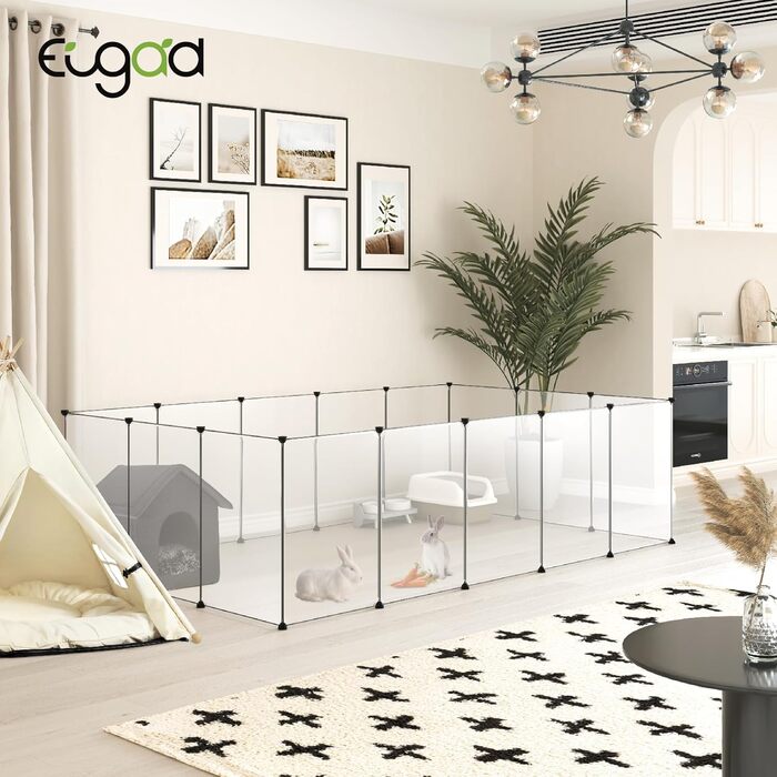 Кігульник для кроликів та інших дрібних тварин EUGAD, 16 прозорих панелей, 50x72 см, розширюваний, для кроликів, морських свинок, хом'яків, їжаків, 302x102x72 см (16 шт.)