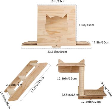 Котячий комплекс на стіну MIUZMORE: 7 елементів, котячі полиці та стійки для дряпання з високого сизалю, кріплення на стіну, котячий крізь-дерево, компактні меблі для дому.