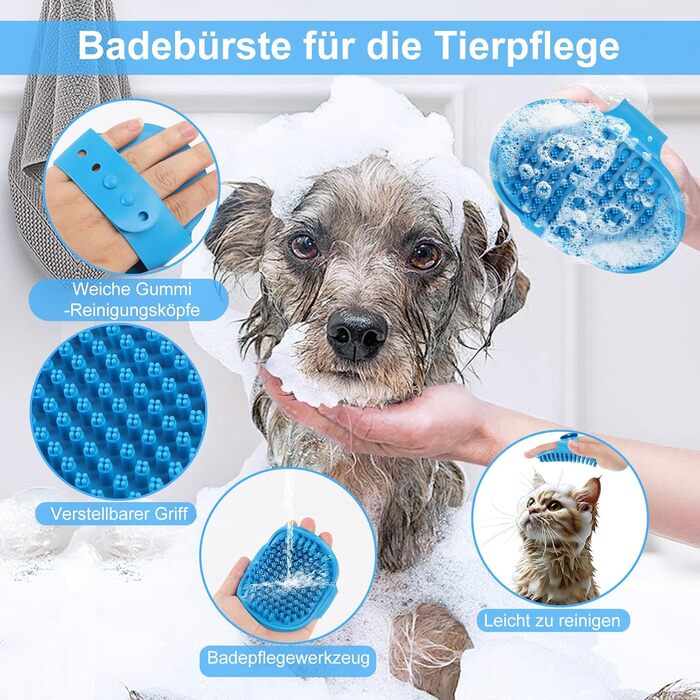 Набір для грумінгу собак та котів (9 предметів) - щітка для самостійного очищення, гребінець для видалення ковтунів, триммер для нігтів з напилком, гребінець від бліх, рукавичка для миття - професійний набір для догляду за шерстю (синій)
