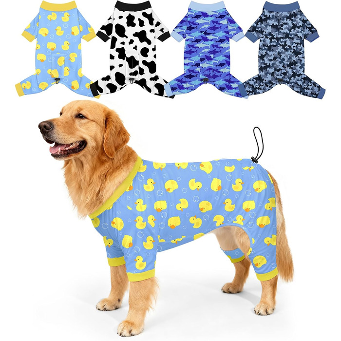 Піжама для собак Bienbee, комплект з 4 шт., розмір 3XL. М'яка, дихаюча, зручна, для цуценят та дорослих собак, великий вибір принтів (гусак, корова, блакитні акули, камуфляж)