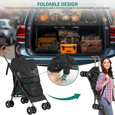 Візок для собак та котів YITAHOME Bis 11,3kg, чорний: складаний, з EVA-колесами, кошиком, сіткою, тримачем для напоїв