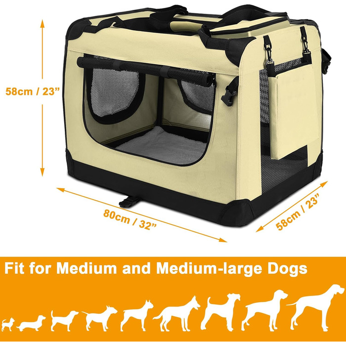 Транспортна переноска для собак PISPET - складана переноска з комфортним вкладишем. Підходить як затишний собачий будинок. Розміри: 80x55x55 см, Бежевий колір