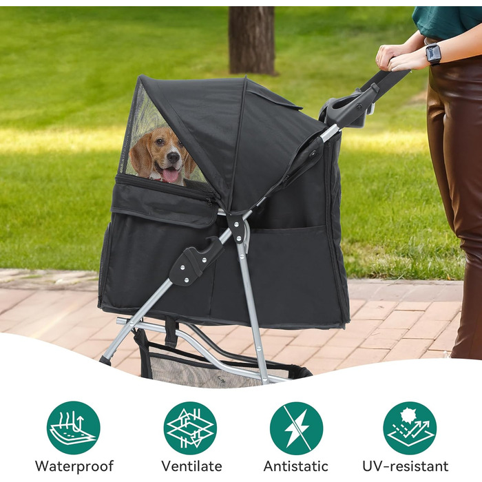 Візок для собак YITAHOME, середній розмір, 4 колеса, з кошиком для зберігання, складаний, з тримачем для напоїв (чорний, без дощового покриття)