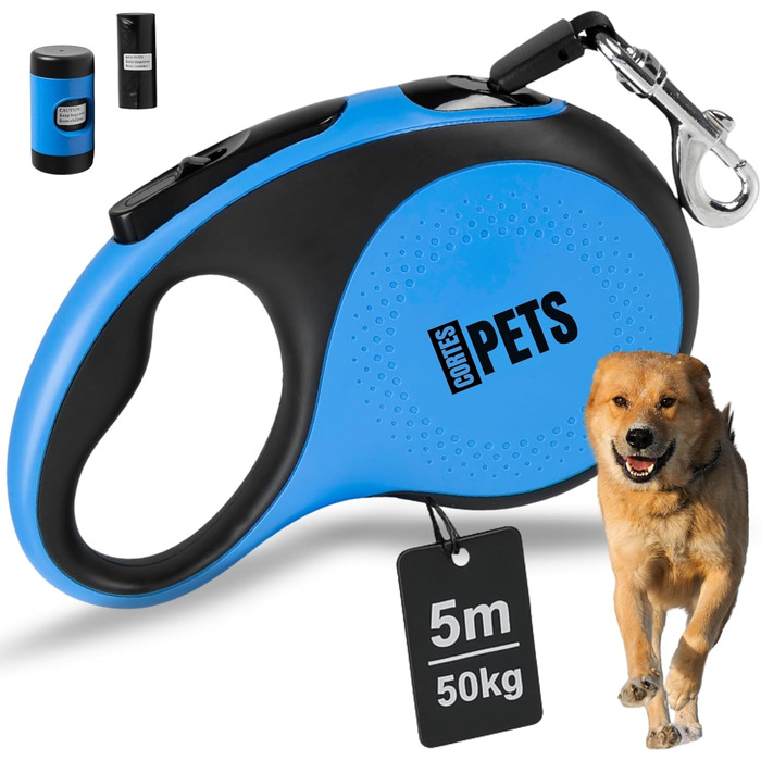 Висувна поводок для собак CORTESPETS® 5м, до 50 кг, блакитний | Високоякісний рулонний поводок