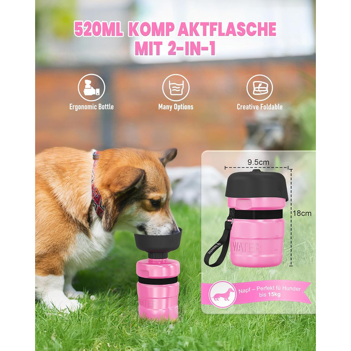 Складана пляшка для води для собак Lesotc, 520 мл, рожева - витоки виключені, для прогулянок, подорожей та кемпінгу