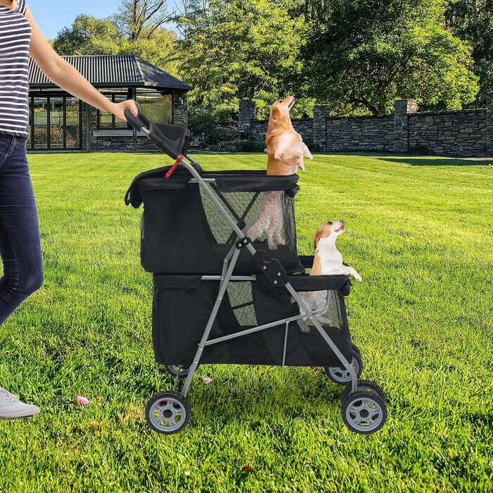 Двоярусний візок для домашніх тварин для собак та котів середніх та маленьких порід - Легкий візок-переноска для прогулянок, подорожей та відпочинку на природі, до 20 кг (Чорний)