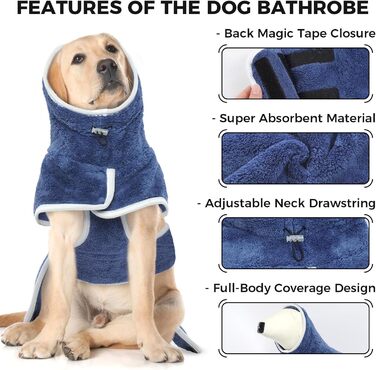 Рушник для собак, халат для собак, мікрофібра, великий, середній, малий, з клямками, блакитний