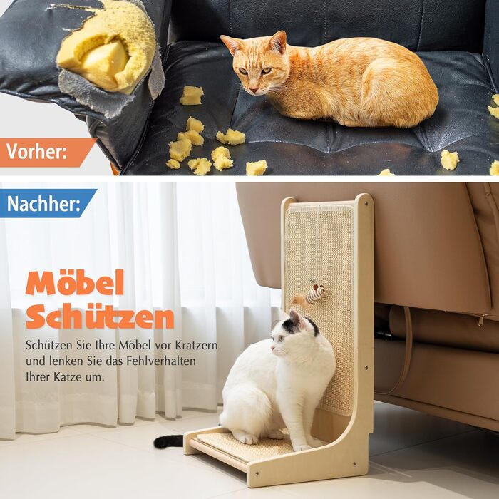 PETKARAY Котячий когтетоп з сизалю, L-подібний, 66 см, 105° вертикальна поверхня для шліфування кігтів, з іграшками, для стіни та кута