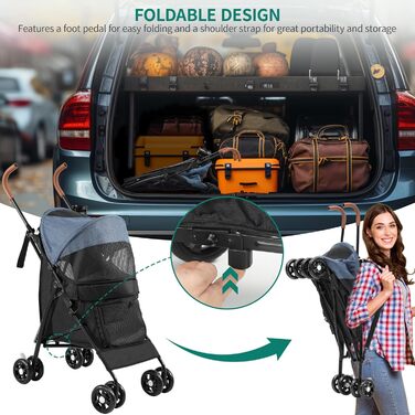 Візок для собак та котів YITAHOME 11,3 кг, складаний, з кошиком, сіткою, тримачем для напоїв, поворотні EVA колеса, дверцята (Синьо-чорний)