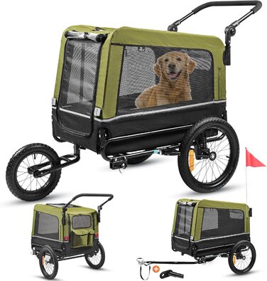 Універсальний візок для собак 3в1: велосипедний, будовець, джогер. Об'єм 240 літрів, подвійна підвіска, складаний (зелений)