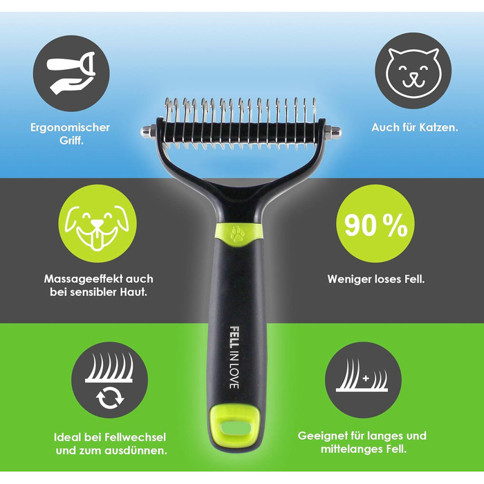 Щітка для собак з довгою шерстю FELL IN LOVE для видалення підшерстка | Щітка для підшерстка собак та котів | Щітка для видалення шерсті зеленого кольору