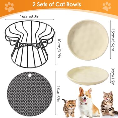 Набір мисок для котів (2 шт) з підставкою, керамічні миски для корму та води, силіконовий килимок, бежевий колір