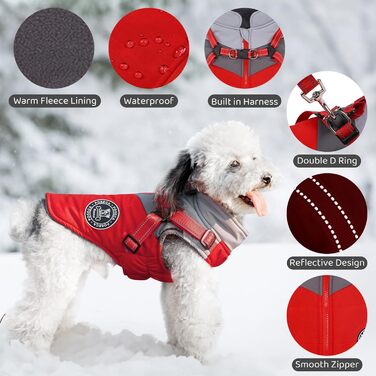 Зимовий теплий одяг для цуценят, світловідбиваючий, водонепроникний, з шлейкою для собак маленьких та середніх порід, L, Червоний