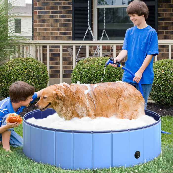 PawHut Dog Pool Великий дитячий басейн для собак Ø120xH30 см з ПВХ Wood Blue, ідеальний басейн для охолодження влітку