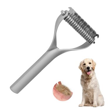 Інструмент для догляду за шерстю: двосторонній гребінець для підшерстка, щітка для цуценят та котів, гребінець з гострими зубцями для видалення ковтунів та відмерлого хутра (сріблястий)