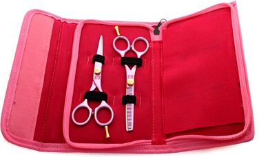 Професійна ножиця для перукарів та филирування, рожева, з міцним чохлом