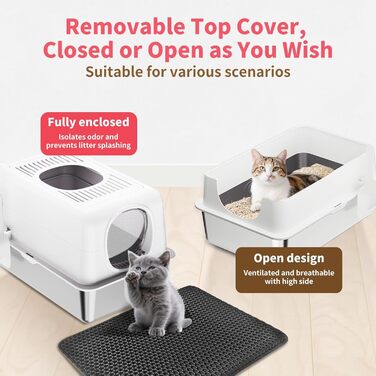 Набір для туалету котів з нержавіючої сталі з кришкою, великий, для великих котів, з совочком та килимком (білий)