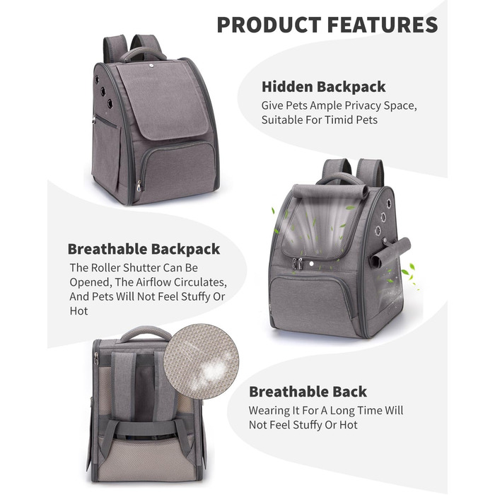 Рюкзак для собак та котів PETCUTE: дихаючий, складаний, для малих порід, сірий