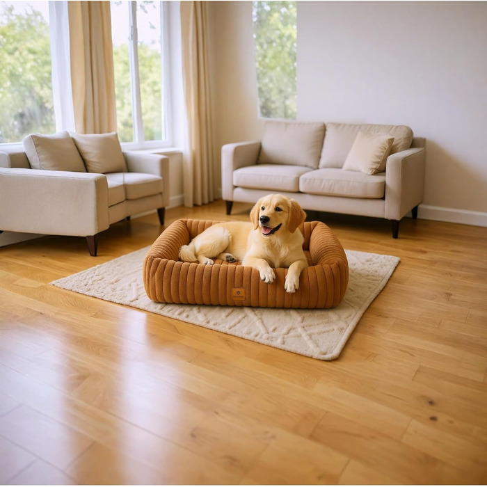 М'яке собаче ліжко для середніх порід, миється, знімний чохол, прямокутна форма, неслизьке дно, комфортне, коричневий колір, розмір M (63x53x18 см), XL (109x76x20 см)