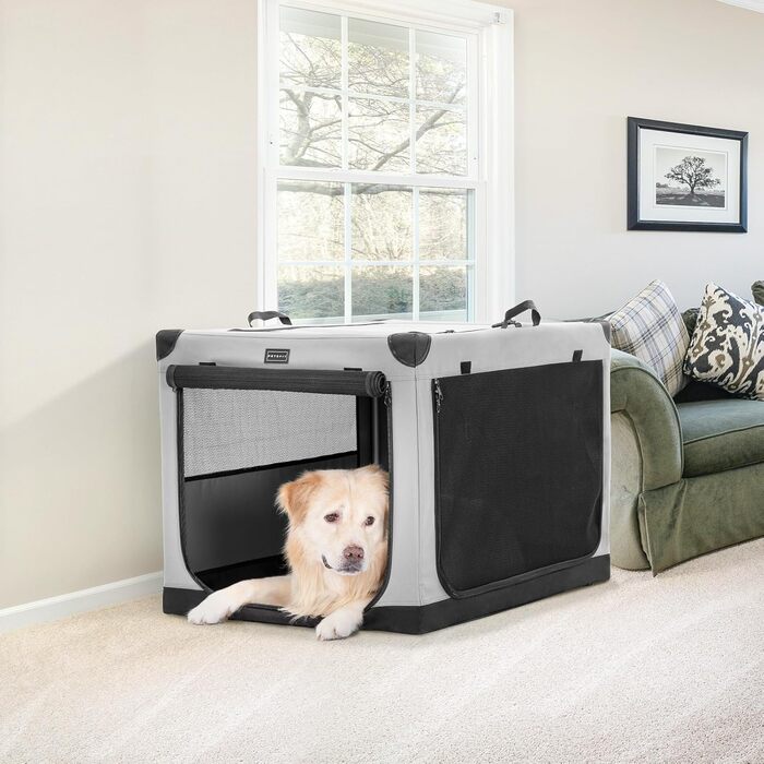 Складаний тканинний бокс для собак Petsfit XL, з трьома дверцятами, спіральним металевим каркасом, легкий для транспортування та зберігання, сірий