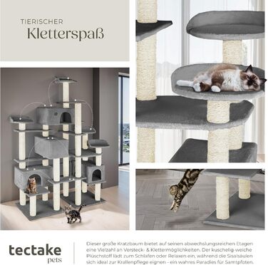 Дерево для котів Tectake® велике, з аксесуарами, XXL, 4 будиночки, ігровий комплекс, стовпчик для дряпання з сизалю, сірий | 403920