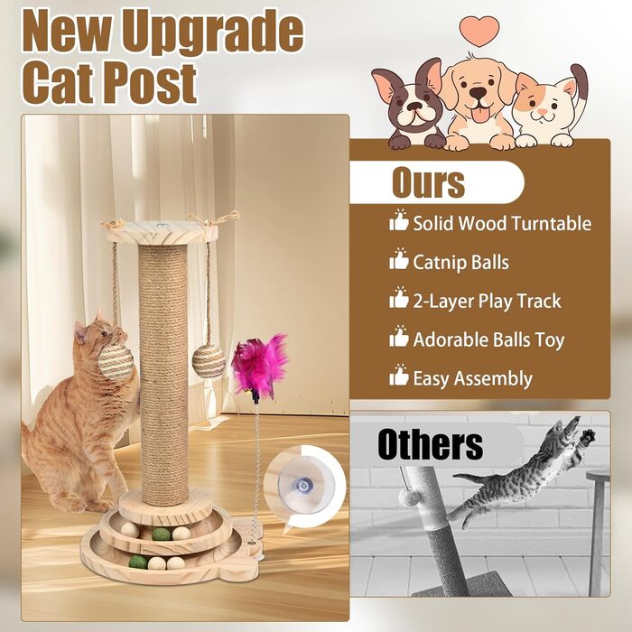 Іграшка для котів TSKDKIT: інтерактивний кігтеточки з кулями, пір'ям та м'ячами, 45 см, 2-ярусний обертовий столик, для маленьких/середніх котів