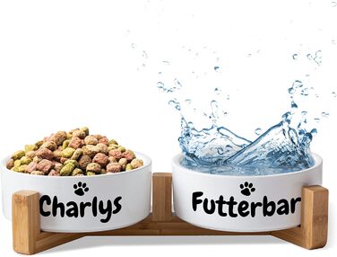 Керамічний двомісний набір мисок з іменем для собак та котів - персоналізований набір мисок з/без підставки | Миска для собак, миска для котів, годівниця для тварин | великі та маленькі чотирилапі | 2x 500мл, з підставкою