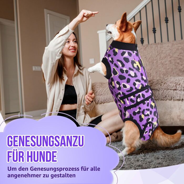 Комбінезон для собак після операції, м'який, дихаючий, захист від лизання, комбінезон з блискавкою, альтернатива електронного нашийника, для собак після кастрації (леопардовий принт, фіолетовий, розмір S)