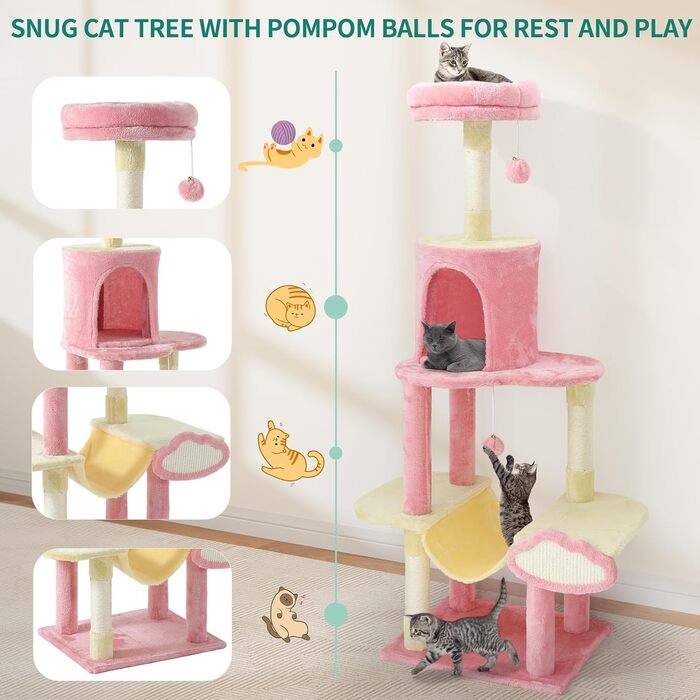 Кліматичний комплекс для котів YITAHOME XXL, 142 см, рожевий, з 8 стовпчиків сизалю, 3 платформи, 2 печери, гамак, іграшки, когтеточка, для дому