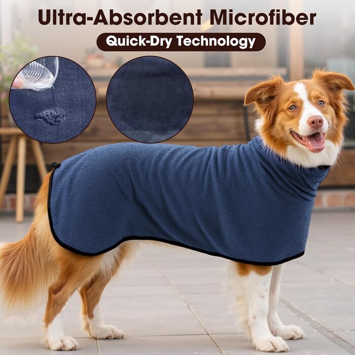 Рушник для собак з мікрофібри, халат для собак середніх та великих порід, швидковисихаючий, халат для собак з клямками (темно-синій XXL 2XL)