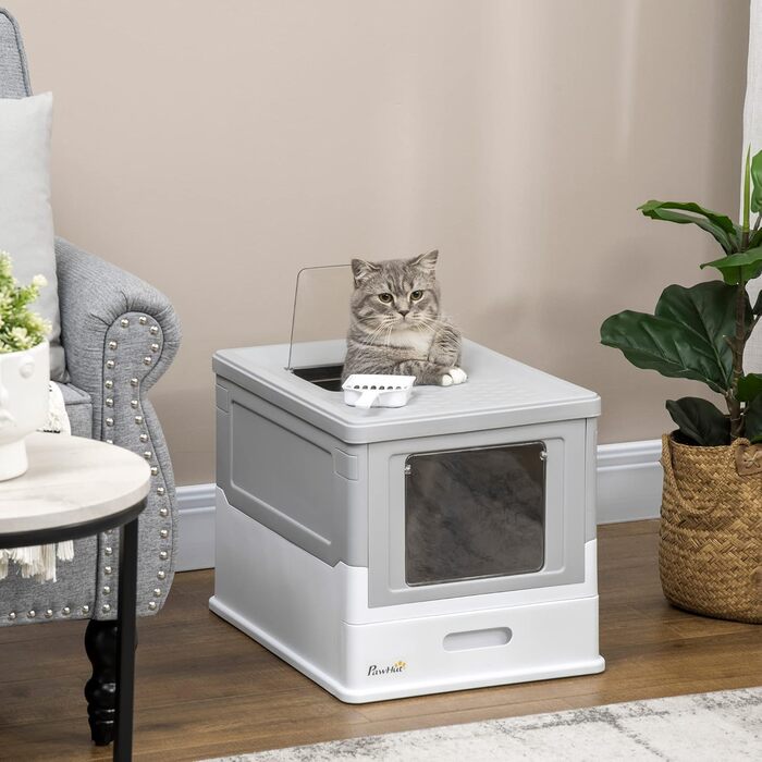 Туалет для котів PawHut з кришкою і лопаткою, пластиковий, дезодоруюча коробка, біло-сірий, 47,5×35,5×36,7 см