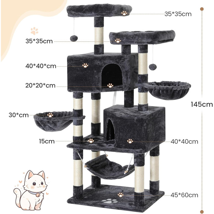 Котячий будиночок MSmask з великою печерою та стовпцями з сизалю, когтеточка для великих котів, сірий