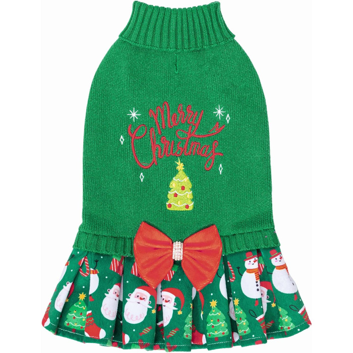 Светр для собак CuteBone на Новий Рік, сукня-водолазка з отвором для повідка, теплий зимовий одяг для маленьких собак, DS78S-DE S, зелений, з бантиком