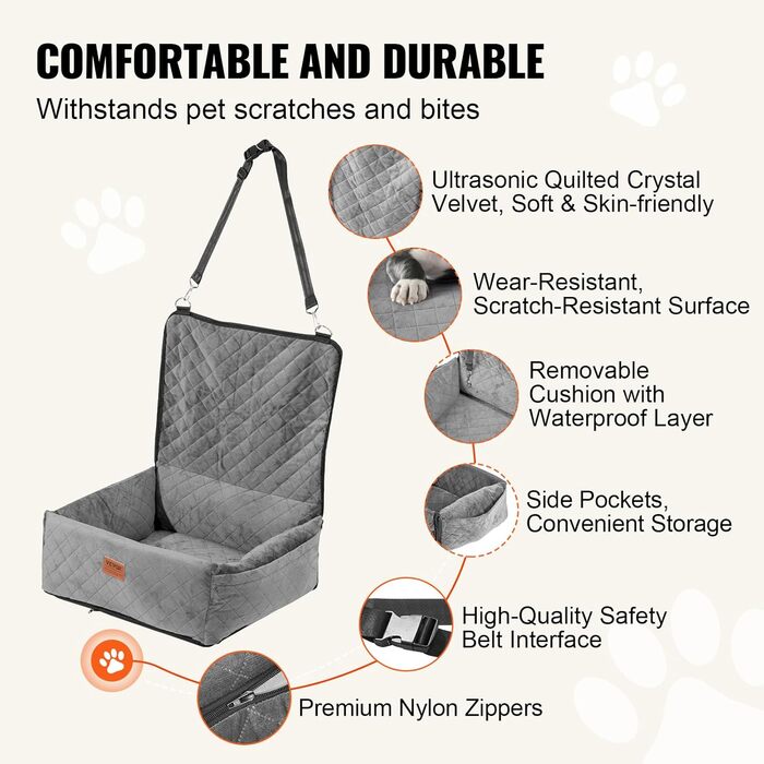 Автокрісло для собак VEVOR - підйомник для собак у машину з кишеню, страхувальний поводок, наповнювач з губки та PP-бавовни, автоліжко для собак малого та середнього розміру до 18 кг