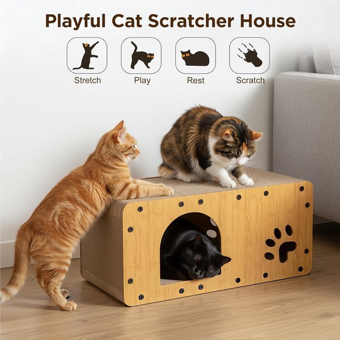 Кігтеточка для котів Gimars 100x30x30 см з м'ячем, тунелем та картонною поверхнею. Великий дім-будинок XXL для котів, захист меблів.