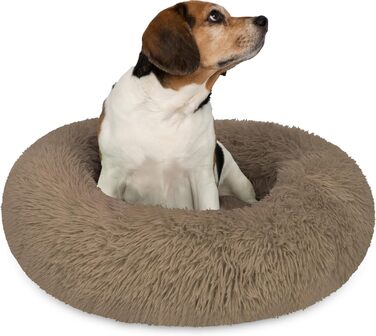 Кругле собаче ліжко Normani для великих і маленьких собак - ергономічна подушка-донат, собача лежанка з високим бортиком, колір коричневий, розмір 60x60x22 см