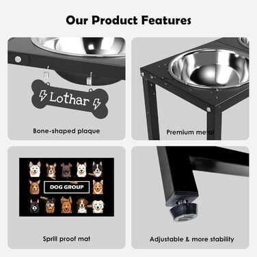 Підвищена годівниця для собак великих та екстра-великих порід, підставка для мисок з нержавіючої сталі (2,863 г) та не проливаючим килимком, годівниця висотою 43 см для великих порід, чорний колір